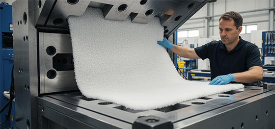 placing glass fiber mat into RIM mold placing glass fiber mat into RIM mold