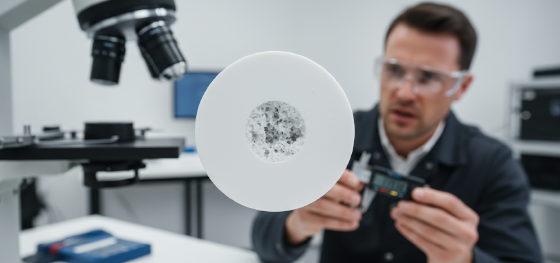 Quality inspector examining a machined Delrin rod exhibiting microscopic centerline porosity defects Quality inspector examining a machined Delrin rod exhibiting microscopic centerline porosity defects