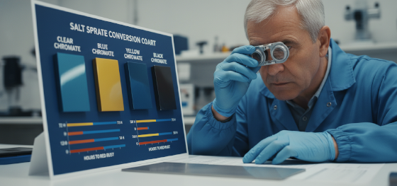 Engineer reviewing an industrial chart comparing salt spray test lifespans of clear, blue, yellow, and black chromate conversion coatings Engineer reviewing an industrial chart comparing salt spray test lifespans of clear, blue, yellow, and black chromate conversion coatings