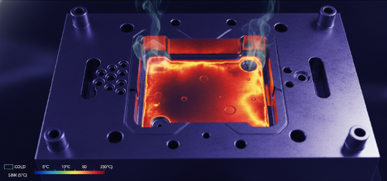 Thermal imaging showing premature gate freeze in an aluminum rapid mold causing plastic sink marks Thermal imaging showing premature gate freeze in an aluminum rapid mold causing plastic sink marks