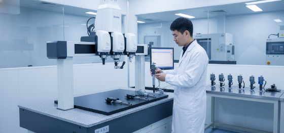 Senior inspector calibrating digital micrometers inside Jucheng's temperature-controlled quality assurance lab in Shenzhen Senior inspector calibrating digital micrometers inside Jucheng's temperature-controlled quality assurance lab in Shenzhen