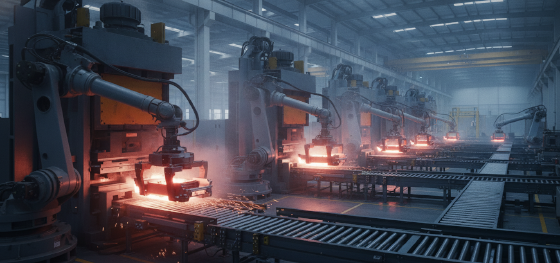 Robotic arms extracting glowing hot metallic chassis components from heavy hydraulic presses Robotic arms extracting glowing hot metallic chassis components from heavy hydraulic presses