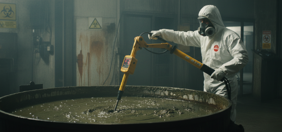 Hazmat technician testing pH levels of a severely contaminated industrial chemical plating vat Hazmat technician testing pH levels of a severely contaminated industrial chemical plating vat