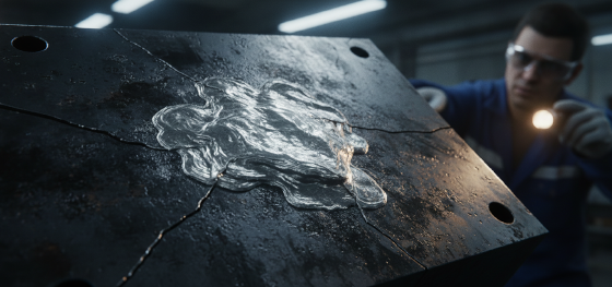 Ruined steel cavity showing molten aluminum physically soldered onto the surface causing catastrophic failure Ruined steel cavity showing molten aluminum physically soldered onto the surface causing catastrophic failure