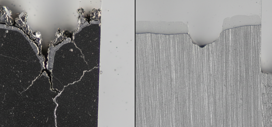 Microscopic comparison of a slag-filled laser cut edge versus a pristine stress-free etched metal edge Microscopic comparison of a slag-filled laser cut edge versus a pristine stress-free etched metal edge