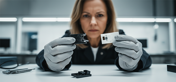 Senior QC engineer comparing a shattered 3D printed snap-fit against an intact rapid-tooled injection molded part Senior QC engineer comparing a shattered 3D printed snap-fit against an intact rapid-tooled injection molded part