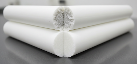 Material comparison between a porous homopolymer rod and a perfectly dense copolymer billet Material comparison between a porous homopolymer rod and a perfectly dense copolymer billet