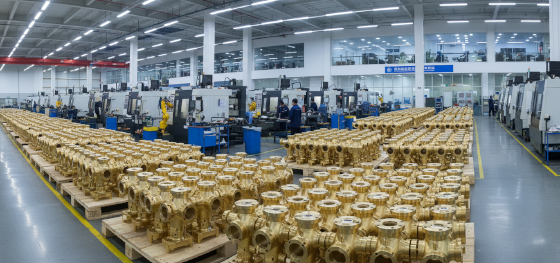 Rows of automated CNC turning centers producing massive pallets of heavy brass fluid manifolds Rows of automated CNC turning centers producing massive pallets of heavy brass fluid manifolds
