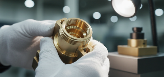 Senior quality inspector examining a highly polished brass pneumatic valve block with flawless internal threads Senior quality inspector examining a highly polished brass pneumatic valve block with flawless internal threads
