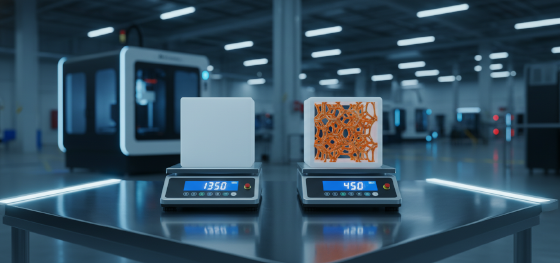 Digital scale comparing a heavy solid plastic cube against a lightweight honeycomb structure Digital scale comparing a heavy solid plastic cube against a lightweight honeycomb structure