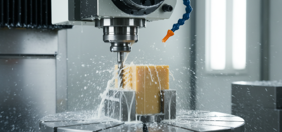 5-axis CNC milling machine cutting precision threads directly into a solid 3D printed PEEK polymer block 5-axis CNC milling machine cutting precision threads directly into a solid 3D printed PEEK polymer block