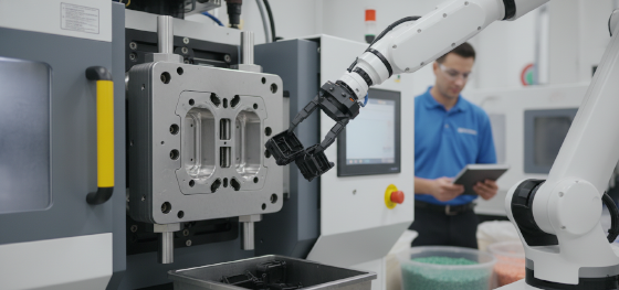 Injection molding machine using an aluminum rapid tool to produce glass-filled nylon parts for functional testing Injection molding machine using an aluminum rapid tool to produce glass-filled nylon parts for functional testing