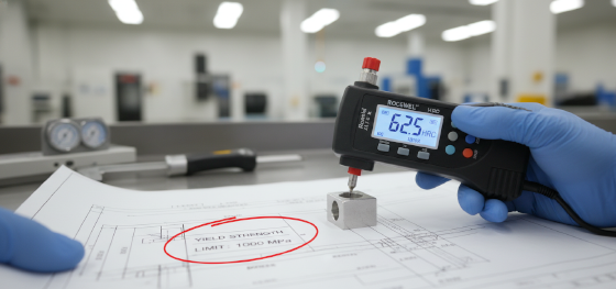Quality control engineer performing Rockwell hardness tests to verify yield strength limits on a blueprint Quality control engineer performing Rockwell hardness tests to verify yield strength limits on a blueprint