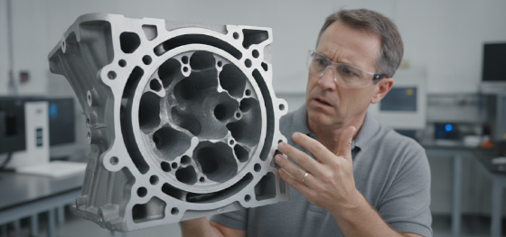 Quality inspector examining a cut metallic engine block ruined by massive internal air voids Quality inspector examining a cut metallic engine block ruined by massive internal air voids