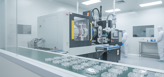 Outsourced all-electric precision injection press producing medical-grade polycarbonate parts inside a cleanroom Outsourced all-electric precision injection press producing medical-grade polycarbonate parts inside a cleanroom