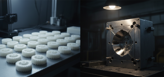 Visual comparison between fifty printed plastic gears and an expensive solid steel mold Visual comparison between fifty printed plastic gears and an expensive solid steel mold