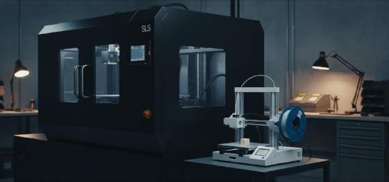 Massive industrial SLS powder bed operating beside a small desktop plastic extruder Massive industrial SLS powder bed operating beside a small desktop plastic extruder