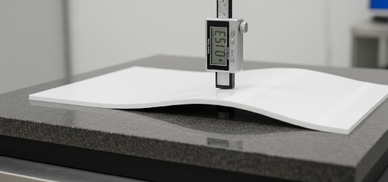 Digital dial indicator measuring a severely bowed plastic plate ruined by internal stress Digital dial indicator measuring a severely bowed plastic plate ruined by internal stress