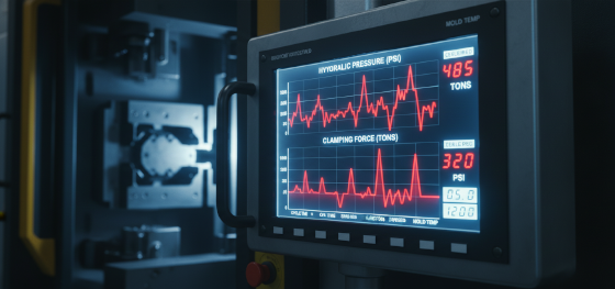 Digital control panel on a heavy industrial press displaying maximum hydraulic clamping force graphs Digital control panel on a heavy industrial press displaying maximum hydraulic clamping force graphs