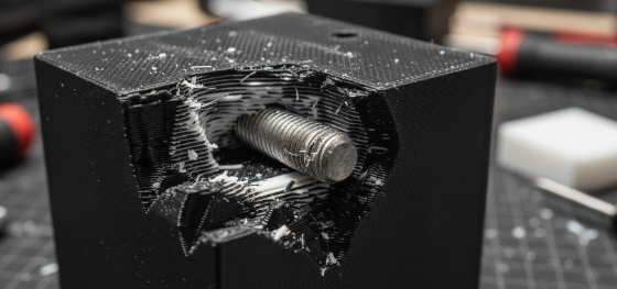 Broken steel bolt ripped out of a stripped printed plastic block revealing shredded internal layer lines Broken steel bolt ripped out of a stripped printed plastic block revealing shredded internal layer lines