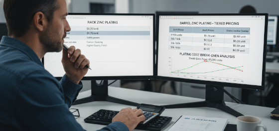 Procurement engineer calculating the financial break-even point between rack plating and barrel zinc plating costs Procurement engineer calculating the financial break-even point between rack plating and barrel zinc plating costs