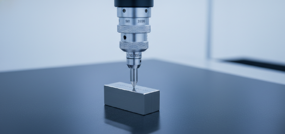 Micrometer undergoing morning zero-point calibration verification using a high-precision industrial gauge block Micrometer undergoing morning zero-point calibration verification using a high-precision industrial gauge block