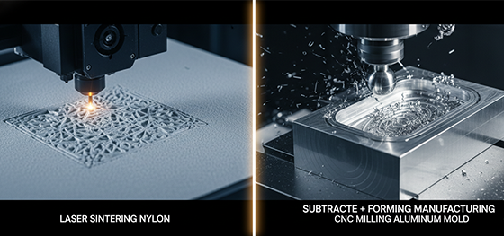 Mechanical principle comparison of additive laser sintering versus subtractive CNC milling for mold cavities Mechanical principle comparison of additive laser sintering versus subtractive CNC milling for mold cavities