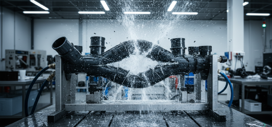 Catastrophic burst failure of a blow molded manifold lacking internal support during high-pressure fluid testing Catastrophic burst failure of a blow molded manifold lacking internal support during high-pressure fluid testing