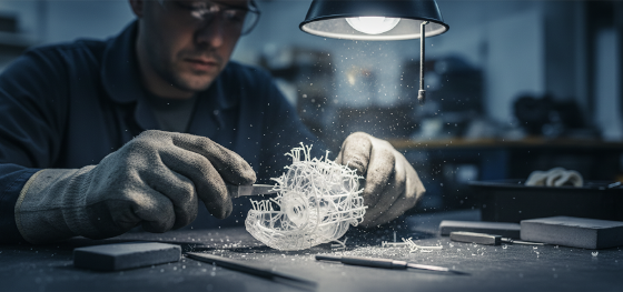 Factory technician spending tedious manual hours sanding rigid plastic supports off a prototype Factory technician spending tedious manual hours sanding rigid plastic supports off a prototype