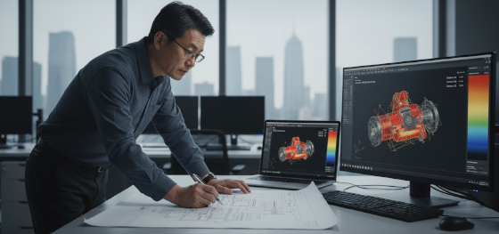 Senior mechanical engineer manually reviewing blueprints to override a flawed automated digital quote Senior mechanical engineer manually reviewing blueprints to override a flawed automated digital quote