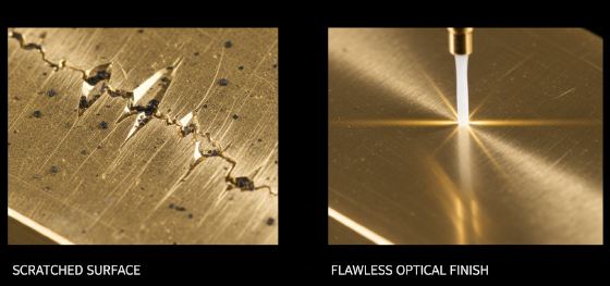 Microscopic comparison of scratched brass surfaces against flawless mirror finishes achieved via high pressure coolant Microscopic comparison of scratched brass surfaces against flawless mirror finishes achieved via high pressure coolant