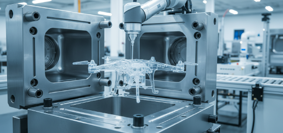 Automated robotic arm extracting a flawless polycarbonate drone chassis from a polished steel tool Automated robotic arm extracting a flawless polycarbonate drone chassis from a polished steel tool