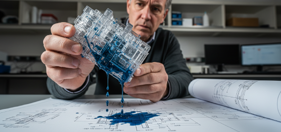 Senior technician examining a printed clear resin fluid block leaking dark blue pressurized liquid through microscopic pores Senior technician examining a printed clear resin fluid block leaking dark blue pressurized liquid through microscopic pores