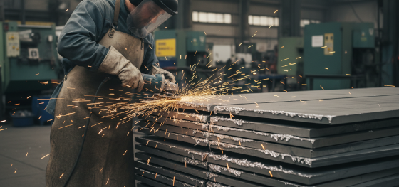 Factory technician aggressively grinding hardened dross off poorly profiled aluminum brackets using an angle grinder Factory technician aggressively grinding hardened dross off poorly profiled aluminum brackets using an angle grinder