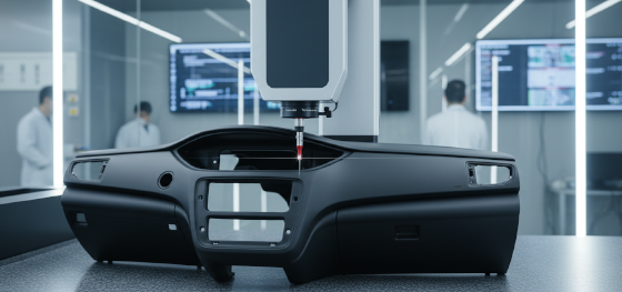 Automated CMM using a ruby probe verifying critical mounting hole tolerances on a printed automotive dashboard Automated CMM using a ruby probe verifying critical mounting hole tolerances on a printed automotive dashboard