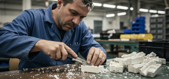 Factory technician manually scraping excess polymer bleed from medical device casings using a utility knife Factory technician manually scraping excess polymer bleed from medical device casings using a utility knife