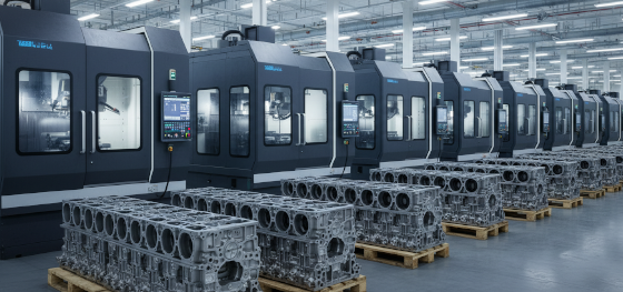 Expansive manufacturing floor showing rows of enclosed robotic milling centers producing automotive parts Expansive manufacturing floor showing rows of enclosed robotic milling centers producing automotive parts