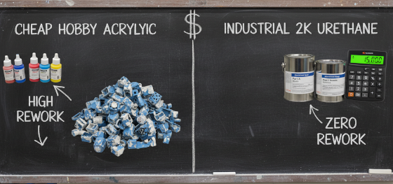 Cost analysis board comparing cheap hobby paints with high rework rates against industrial 2K urethane coatings Cost analysis board comparing cheap hobby paints with high rework rates against industrial 2K urethane coatings