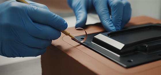 Technician trimming industrial clay around a CNC prototype to define a precise parting plane boundary Technician trimming industrial clay around a CNC prototype to define a precise parting plane boundary