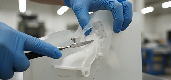 Senior toolmaker using a surgical scalpel to cut a complex 3D parting line into a translucent silicone block Senior toolmaker using a surgical scalpel to cut a complex 3D parting line into a translucent silicone block