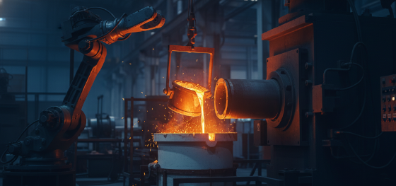 robotic ladle pouring molten metal in a cold chamber manufacturing setup robotic ladle pouring molten metal in a cold chamber manufacturing setup