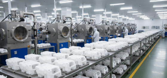 Multiple automated vacuum chambers operating simultaneously inside a massive precision manufacturing facility Multiple automated vacuum chambers operating simultaneously inside a massive precision manufacturing facility