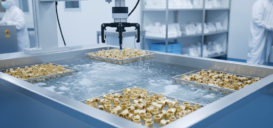 Lead-free brass surgical fittings soaking inside a specialized ultrasonic cleaning bath for medical compliance Lead-free brass surgical fittings soaking inside a specialized ultrasonic cleaning bath for medical compliance