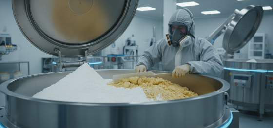 Technician mixing highly expensive virgin nylon powder with oxidized yellow recycled powder Technician mixing highly expensive virgin nylon powder with oxidized yellow recycled powder