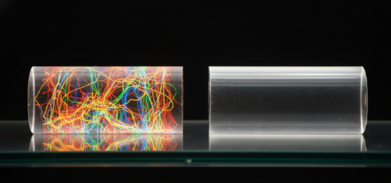 Polarized light visualization comparing a highly stressed extruded polymer rod against a stress-relieved cast billet Polarized light visualization comparing a highly stressed extruded polymer rod against a stress-relieved cast billet