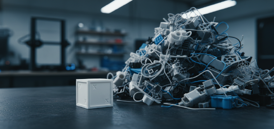 Perfect 3D printed calibration cube sitting next to a pile of rejected and deformed plastic components Perfect 3D printed calibration cube sitting next to a pile of rejected and deformed plastic components