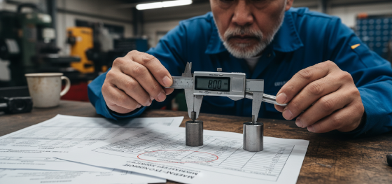 Senior engineer reviewing material test reports and comparing visually identical parts made from different alloys Senior engineer reviewing material test reports and comparing visually identical parts made from different alloys