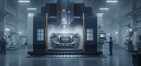 Heavy CNC milling center actively carving a five ton solid steel block under heavy coolant Heavy CNC milling center actively carving a five ton solid steel block under heavy coolant