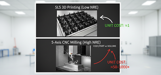 Cost analysis board comparing high-volume nested SLS 3D printing against expensive 5-axis CNC machine rates Cost analysis board comparing high-volume nested SLS 3D printing against expensive 5-axis CNC machine rates