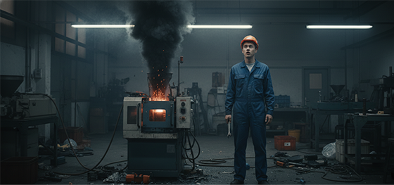 Confused operator dealing with a smoking injection molding barrel due to poor in-house machine calibration Confused operator dealing with a smoking injection molding barrel due to poor in-house machine calibration